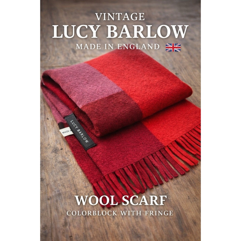 Vintage Lucy Barlow Wool Scarf Made in England Red Burgundy Colorblock Fringe